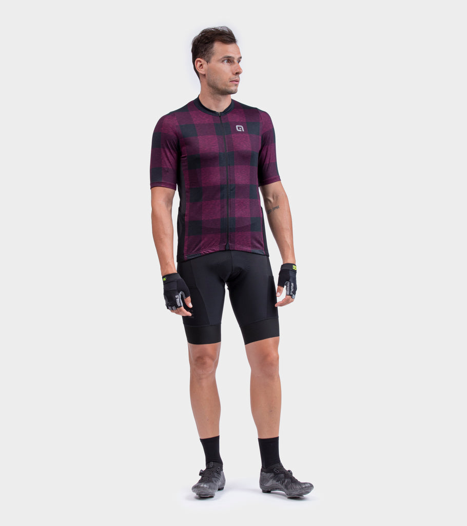 Men's Gravel Cycling Jersey in bordeaux check front view