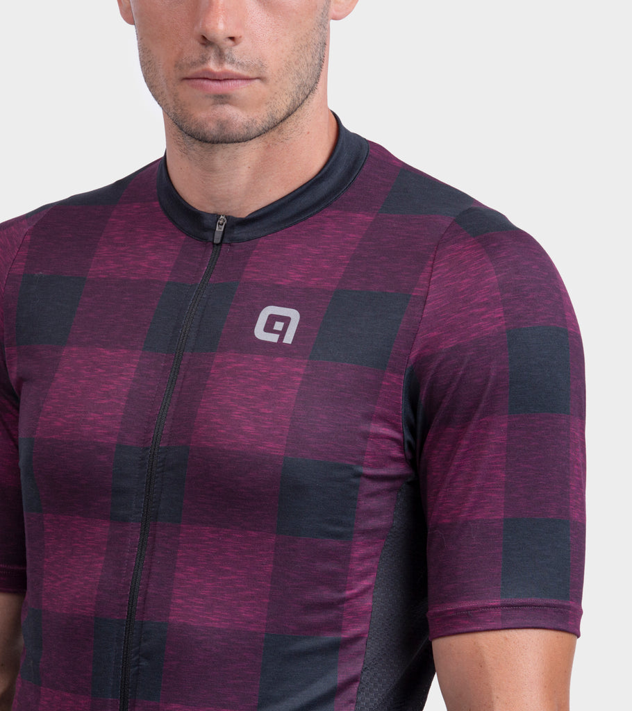 Men's Gravel Cycling Jersey in bordeaux check front close up view of the chest