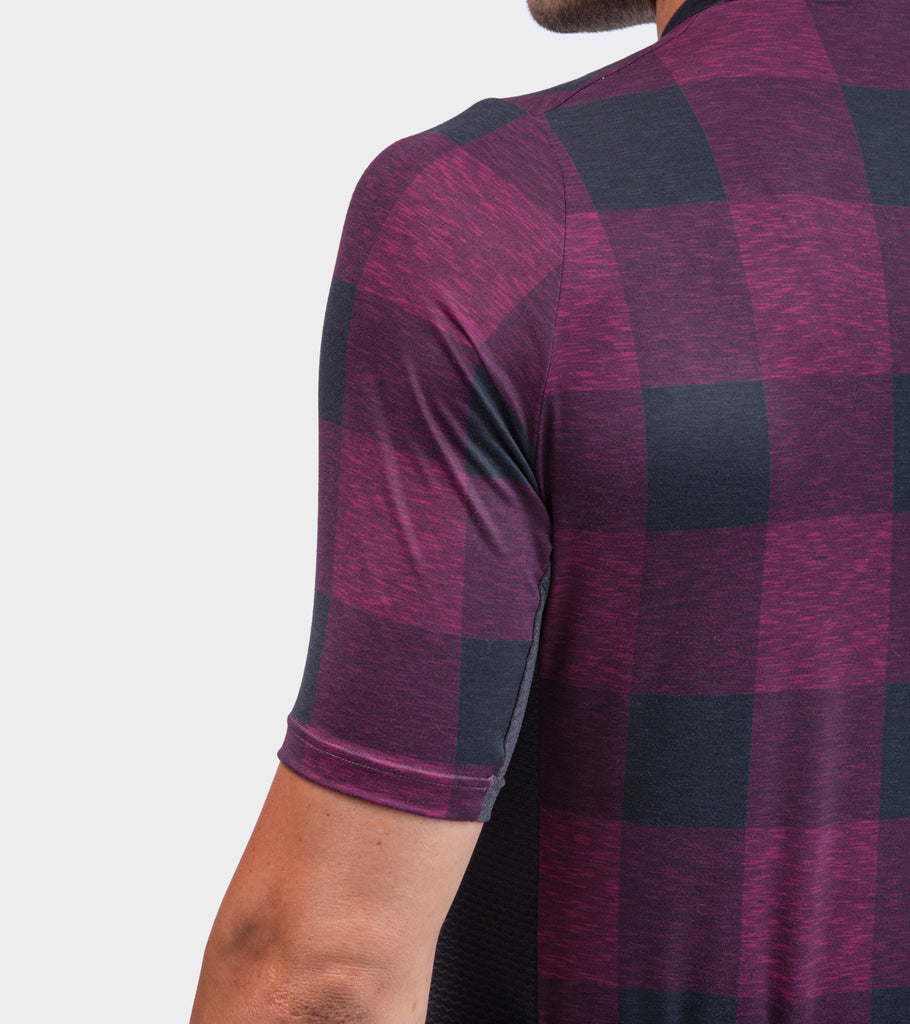 Men's Gravel Cycling Jersey in bordeaux check view of the sleeve