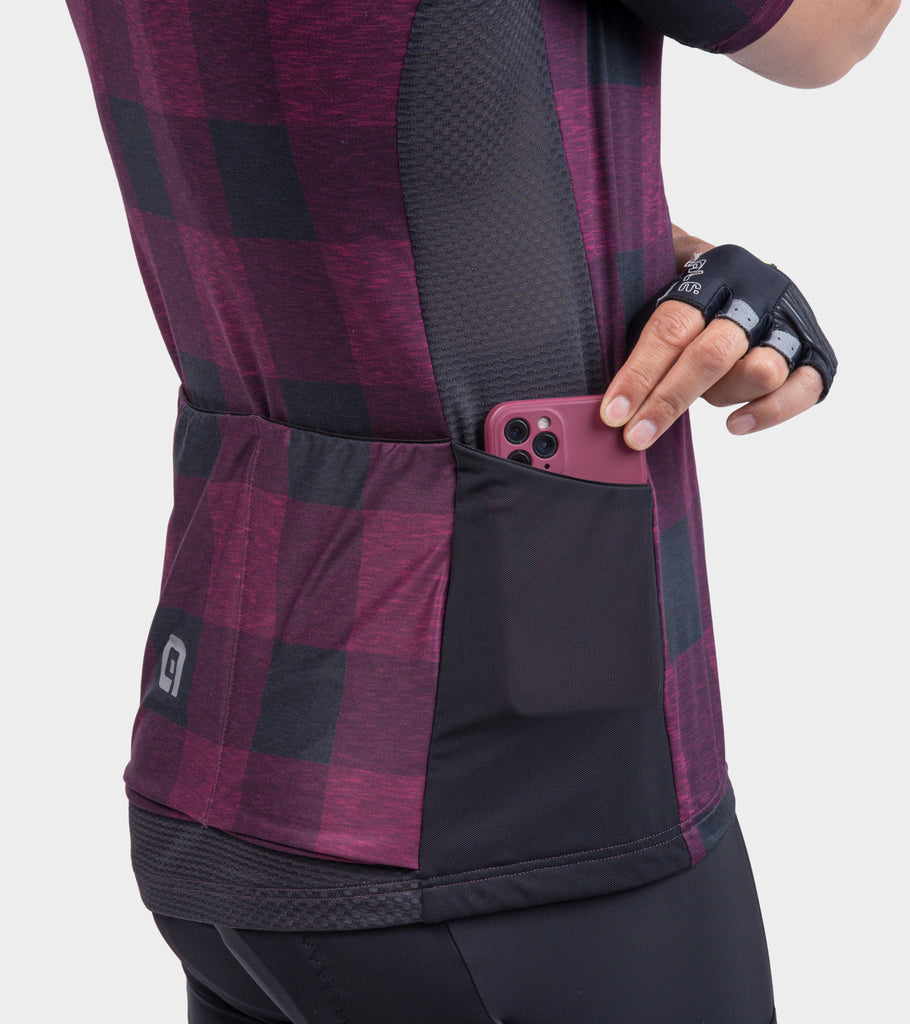 Men's Gravel Cycling Jersey in bordeaux check view of the side pocket