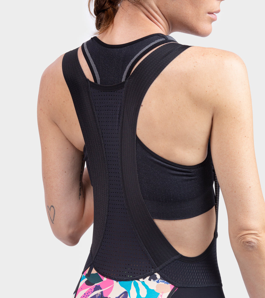 Womens cycling bib shorts in pink and multi coloured Kenyan print