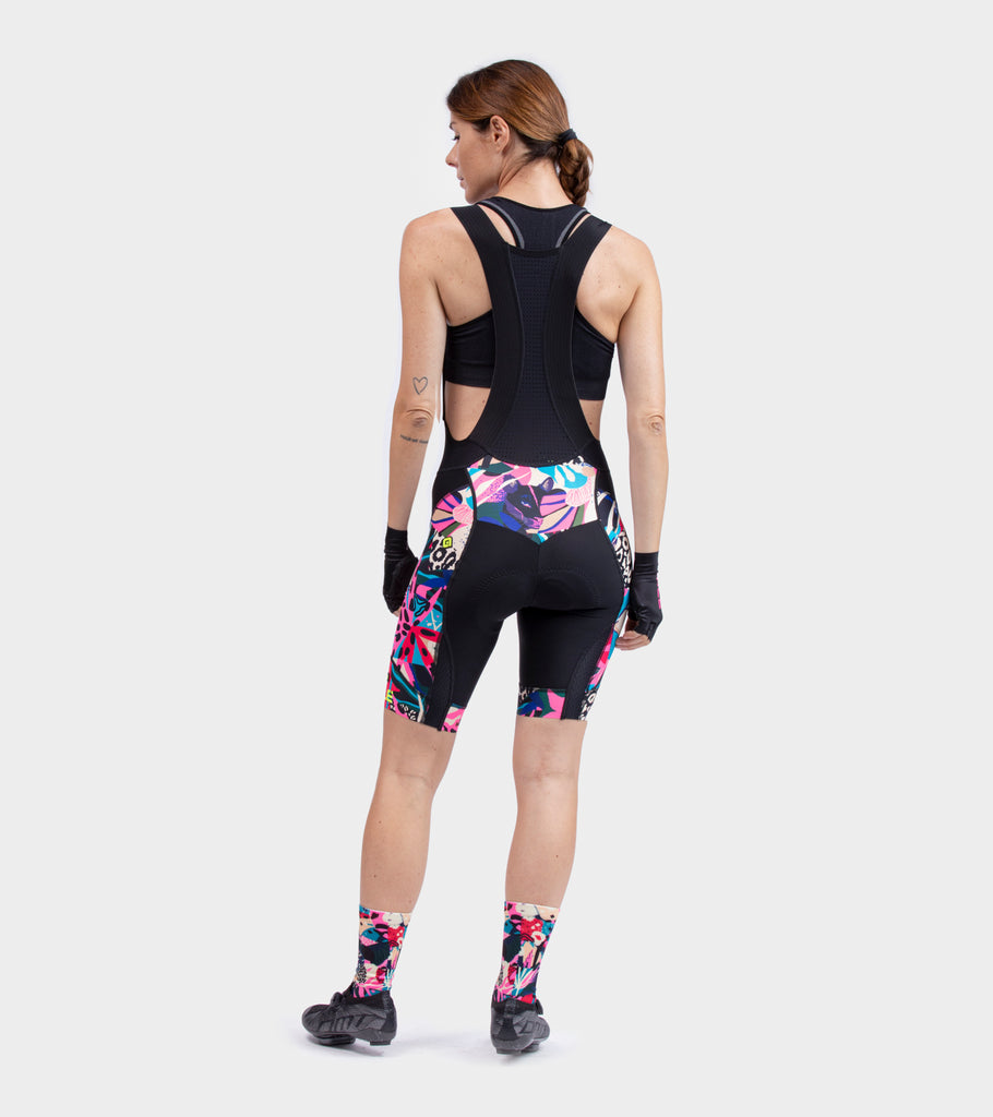 Womens cycling bib shorts in pink and multi coloured Kenyan print