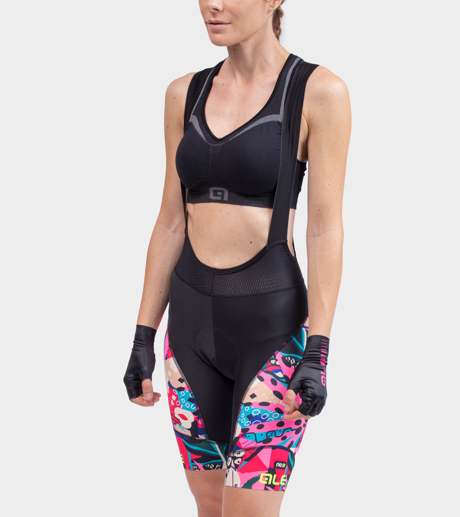 Womens cycling bib shorts in pink and multi coloured Kenyan print