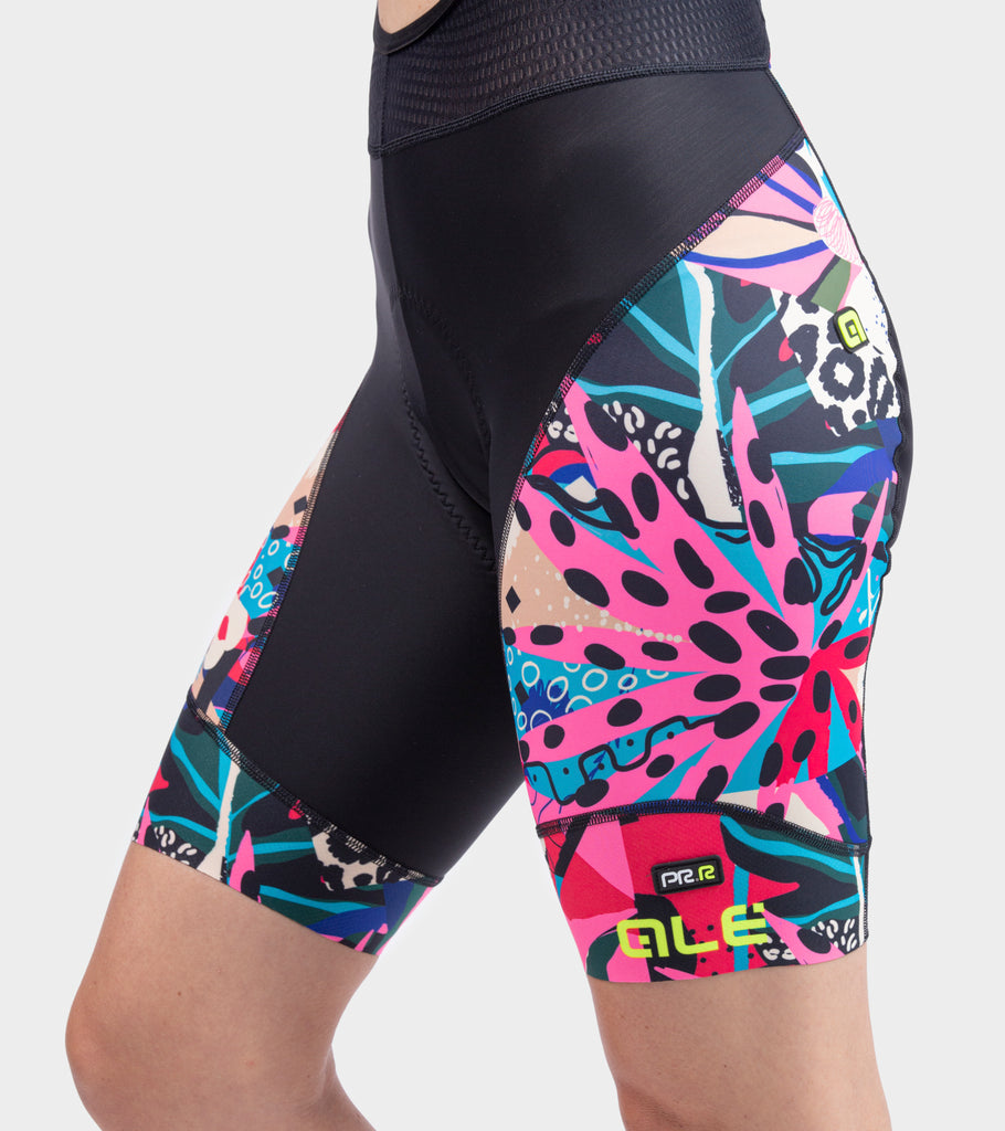 Womens cycling bib shorts in pink and multi coloured Kenyan print