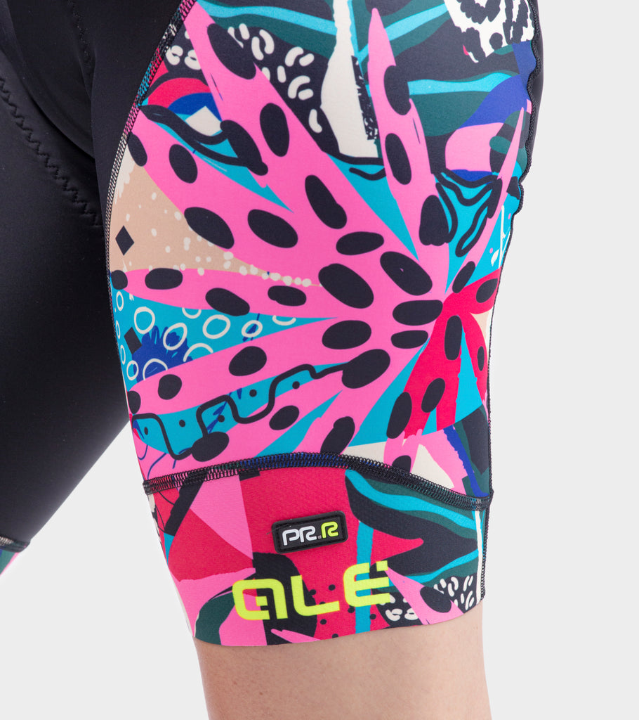 Womens cycling bib shorts in pink and multi coloured Kenyan print